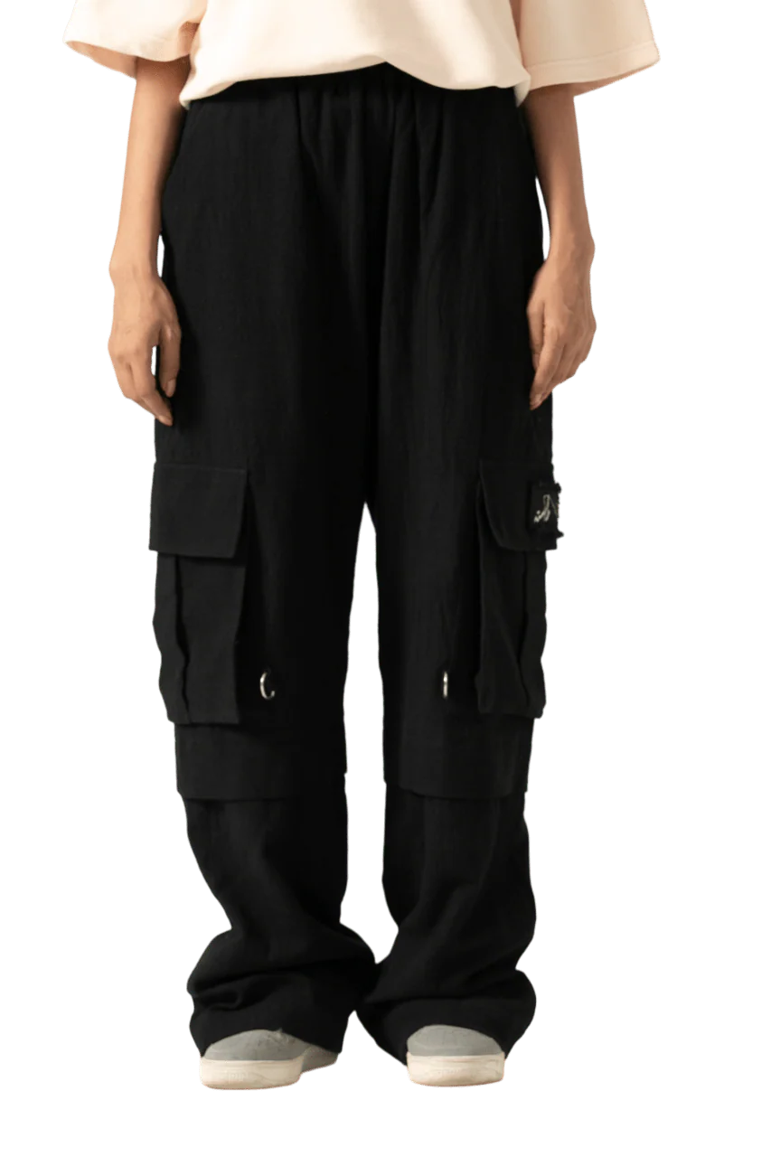 black handwoven khaddar cargo pants
